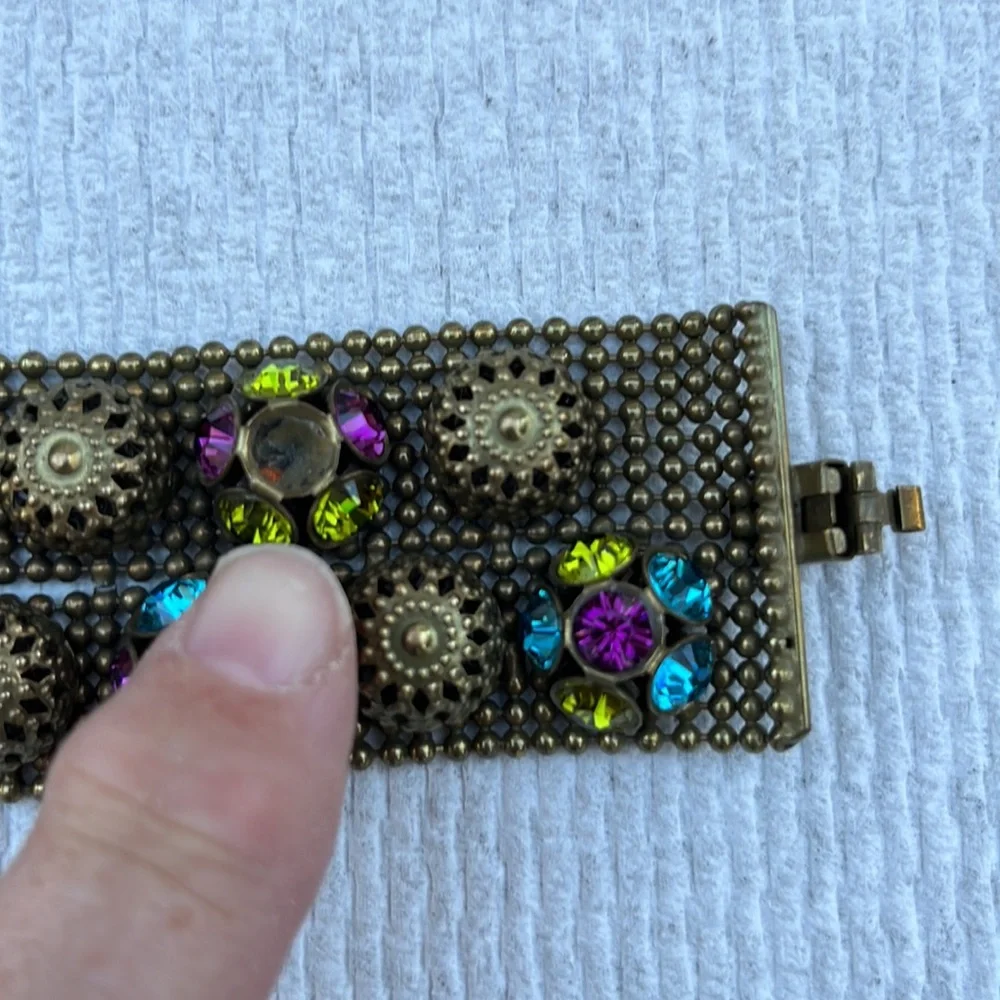 FRANGOS LADIES VINTAGE GOLD TONE BLUE PURPLE CRYSTAL MESH WIDE BRACELET-WOW!